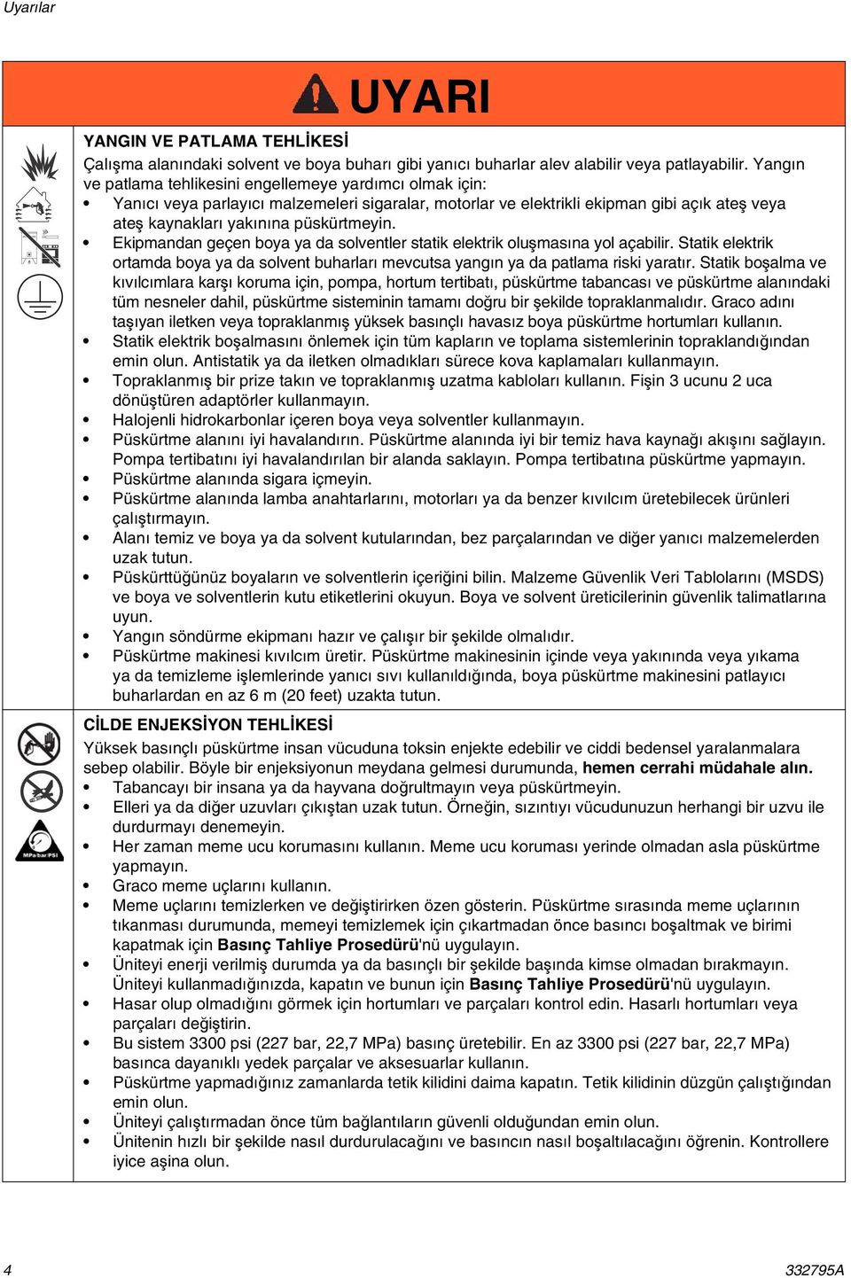 Ekipmandan geçen boya ya da solventler statik elektrik oluşmasına yol açabilir. Statik elektrik ortamda boya ya da solvent buharları mevcutsa yangın ya da patlama riski yaratır.