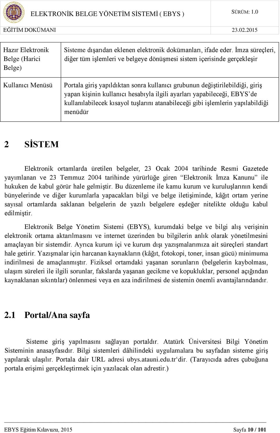 ilgili ayarları yapabileceği, EBYS de kullanılabilecek kısayol tuşlarını atanabileceği gibi işlemlerin yapılabildiği menüdür 2 SİSTEM Elektronik ortamlarda üretilen belgeler, 23 Ocak 2004 tarihinde