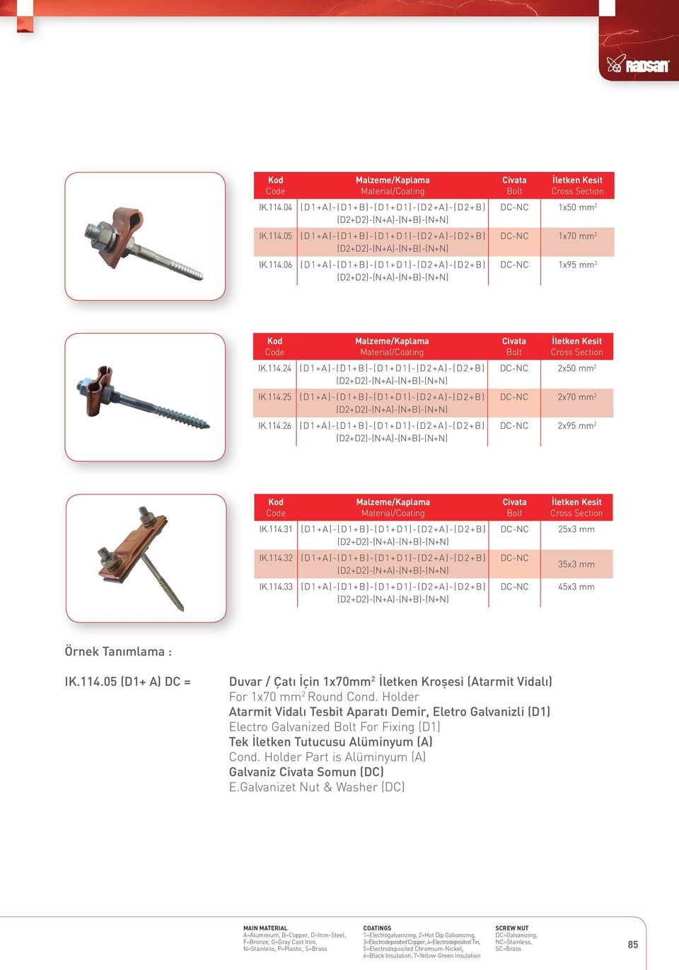 Holder Atarmit Vidalı Tesbit Aparatı Demir, Eletro Galvanizli (D1) Electro Galvanized For Fixing (D1) Tek İletken Tutucusu Alüminyum (A) Cond. Holder Part is Alüminyum (A) Galvaniz Somun (DC) E.