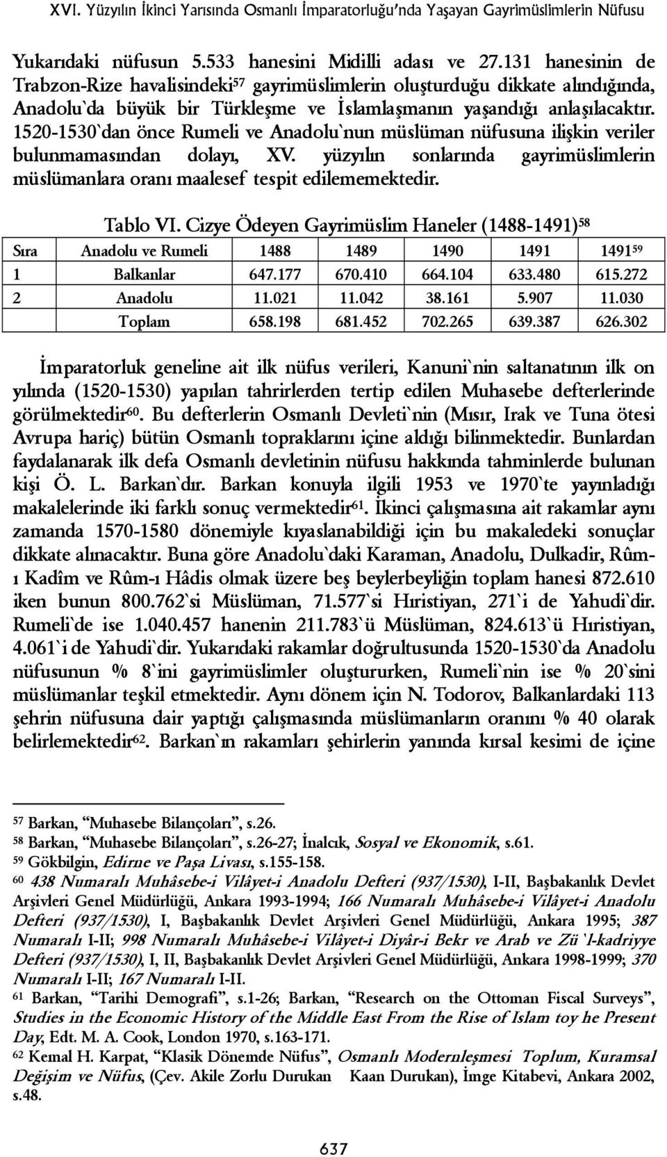 1520-1530 dan önce Rumeli ve Anadolu nun müslüman nüfusuna ilişkin veriler bulunmamasından dolayı, XV. yüzyılın sonlarında gayrimüslimlerin müslümanlara oranı maalesef tespit edilememektedir.