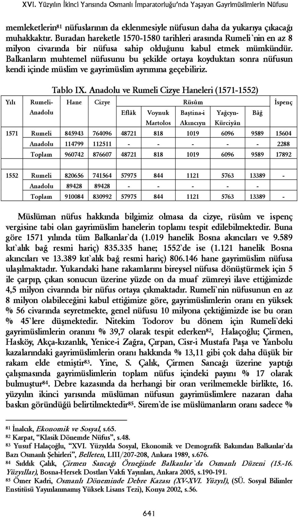 Balkanların muhtemel nüfusunu bu şekilde ortaya koyduktan sonra nüfusun kendi içinde müslim ve gayrimüslim ayrımına geçebiliriz. Yılı Rumeli- Anadolu Tablo IX.