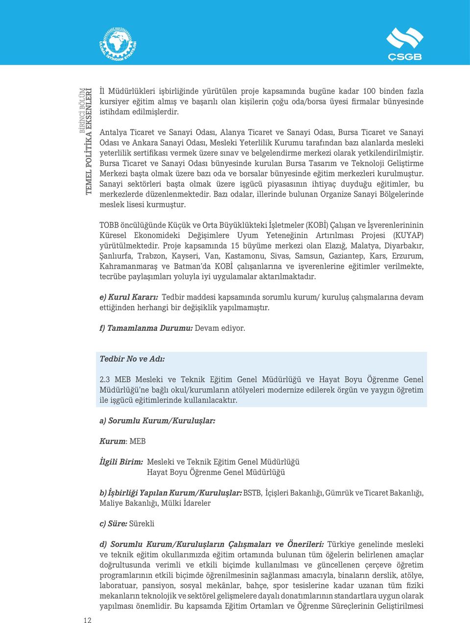 Antalya Ticaret ve Sanayi Odası, Alanya Ticaret ve Sanayi Odası, Bursa Ticaret ve Sanayi Odası ve Ankara Sanayi Odası, Mesleki Yeterlilik Kurumu tarafından bazı alanlarda mesleki yeterlilik