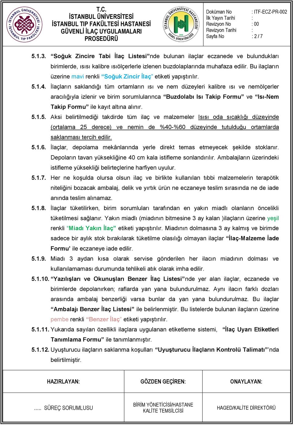 İlaçların saklandığı tüm ortamların ısı ve nem düzeyleri kalibre ısı ve nemölçerler aracılığıyla izlenir ve birim sorumlularınca Buzdolabı Isı Takip Formu ve Isı-Nem Takip Formu ile kayıt altına