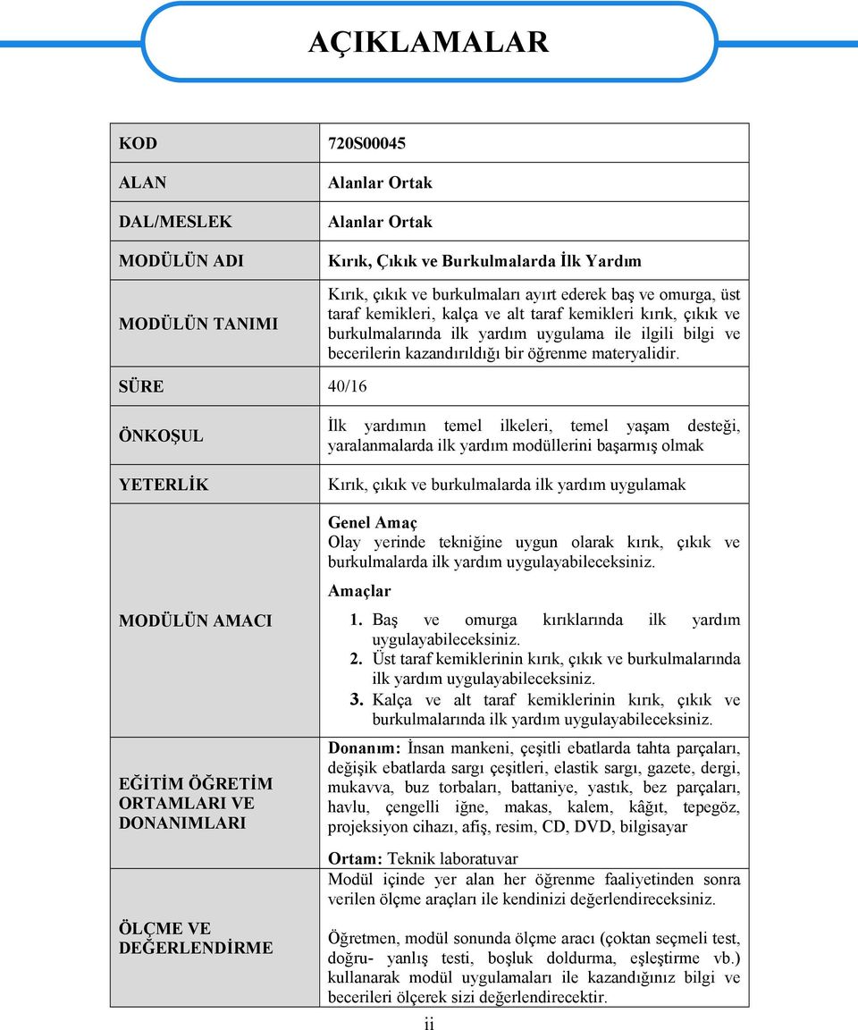 SÜRE 40/16 ÖNKOŞUL YETERLİK MODÜLÜN AMACI EĞİTİM ÖĞRETİM ORTAMLARI VE DONANIMLARI ÖLÇME VE DEĞERLENDİRME İlk yardımın temel ilkeleri, temel yaşam desteği, yaralanmalarda ilk yardım modüllerini