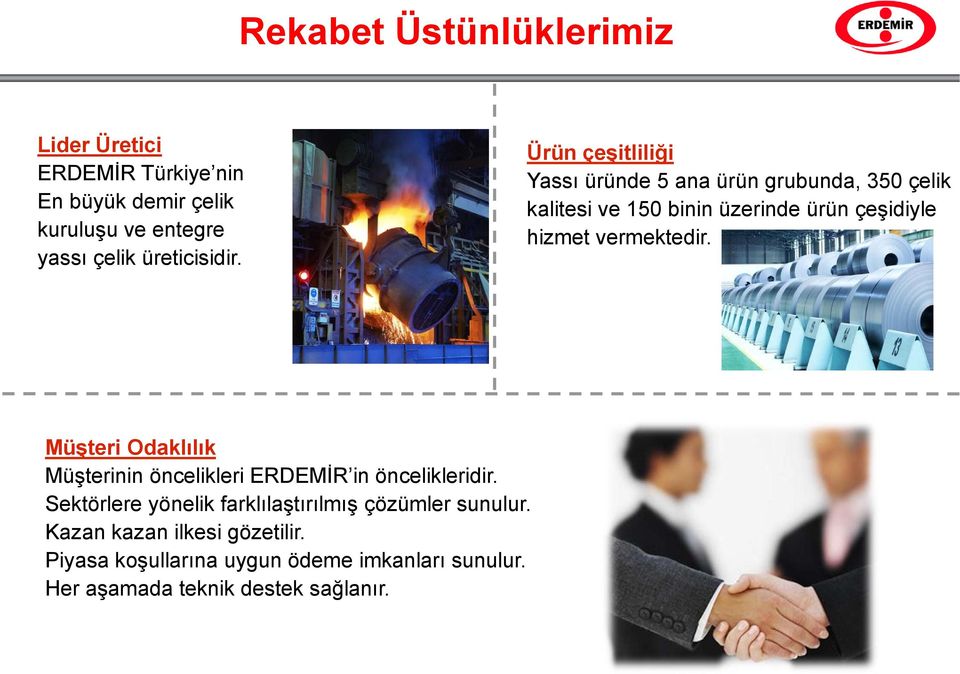 Ürün çeşitliliği Yassı üründe 5 ana ürün grubunda, 350 çelik kalitesi ve 150 binin üzerinde ürün çeşidiyle hizmet