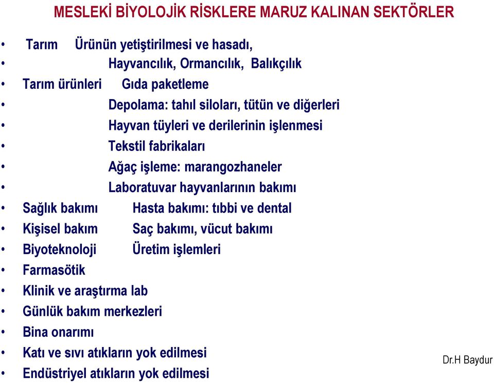 Laboratuvar hayvanlarının bakımı Sağlık bakımı Hasta bakımı: tıbbi ve dental Kişisel bakım Saç bakımı, vücut bakımı Biyoteknoloji Üretim işlemleri