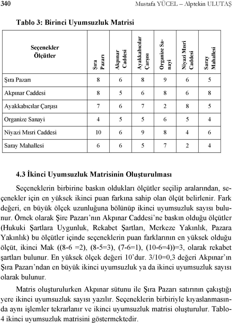 3 İkinci Uyumsuzluk Matrisinin Oluşturulması Seçeneerin birbirine baskın olduarı ölçütler seçilip aralarından, seçeneer için en yüksek ikinci puan farkına sahip olan ölçüt belirlenir.