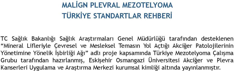 Yönetimine Yönelik İşbirliği Ağı adlı proje kapsamında Türkiye Mezotelyoma Çalışma Grubu tarafından hazırlanmış,