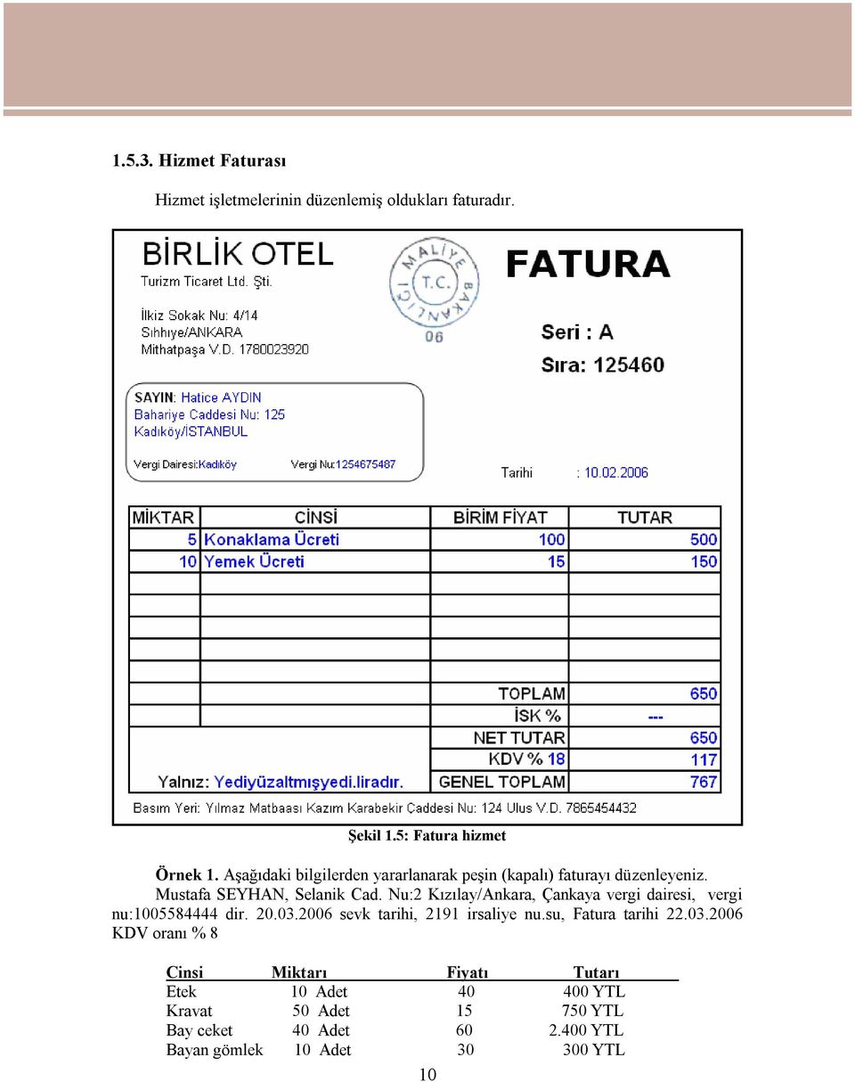 Nu:2 Kızılay/Ankara, Çankaya vergi dairesi, vergi nu:1005584444 dir. 20.03.2006 sevk tarihi, 2191 irsaliye nu.