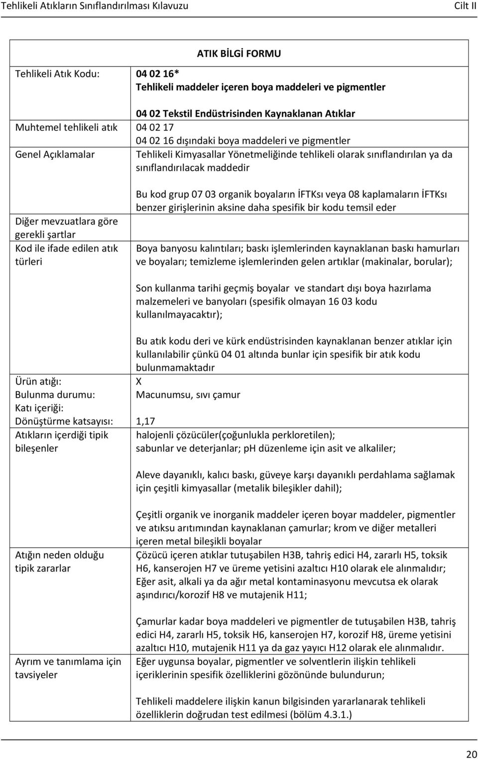 İFTKsı benzer girişlerinin aksine daha spesifik bir kodu temsil eder Boya banyosu kalıntıları; baskı işlemlerinden kaynaklanan baskı hamurları ve boyaları; temizleme işlemlerinden gelen artıklar