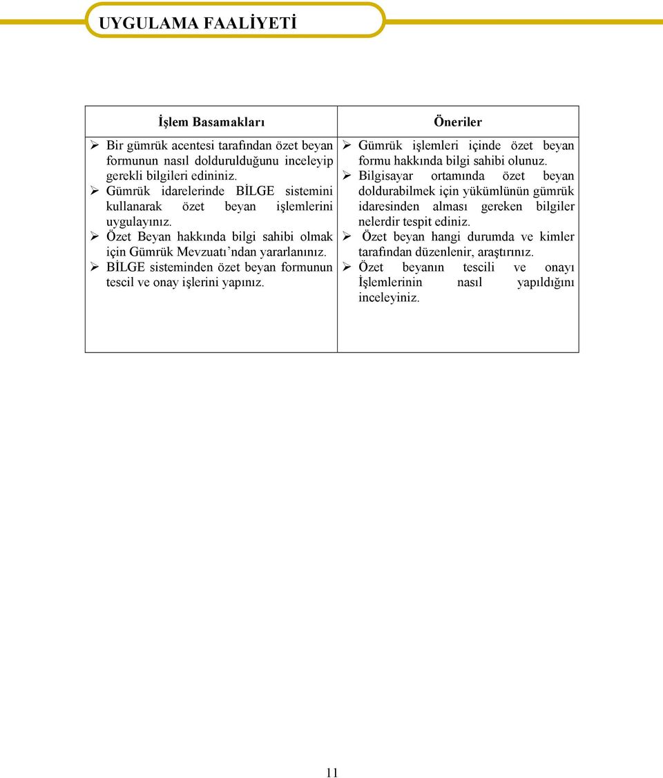 BİLGE sisteminden özet beyan formunun tescil ve onay işlerini yapınız. Öneriler Gümrük işlemleri içinde özet beyan formu hakkında bilgi sahibi olunuz.