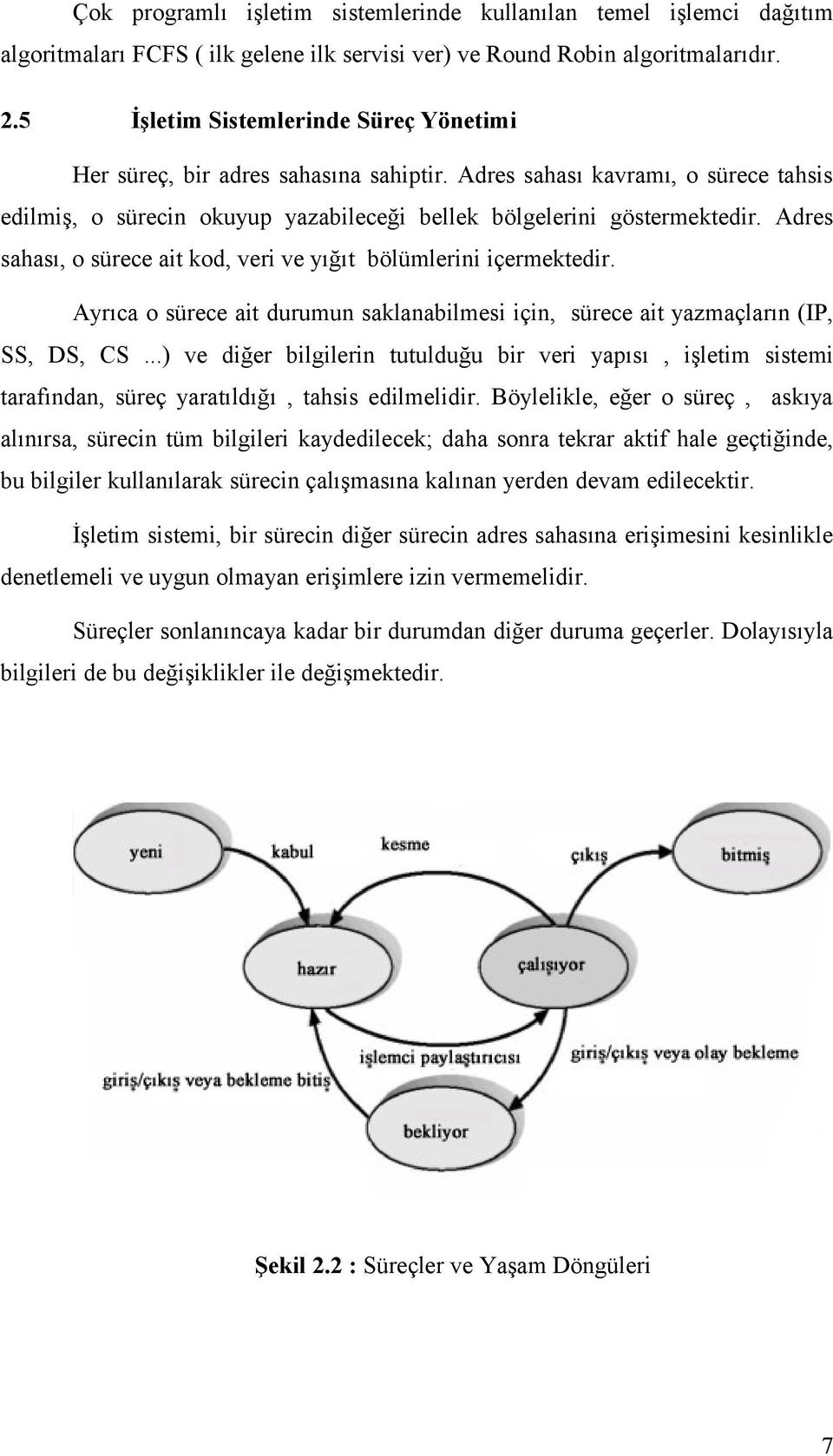 Adres sahası, o sürece ait kod, veri ve yığıt bölümlerini içermektedir. Ayrıca o sürece ait durumun saklanabilmesi için, sürece ait yazmaçların (IP, SS, DS, CS.