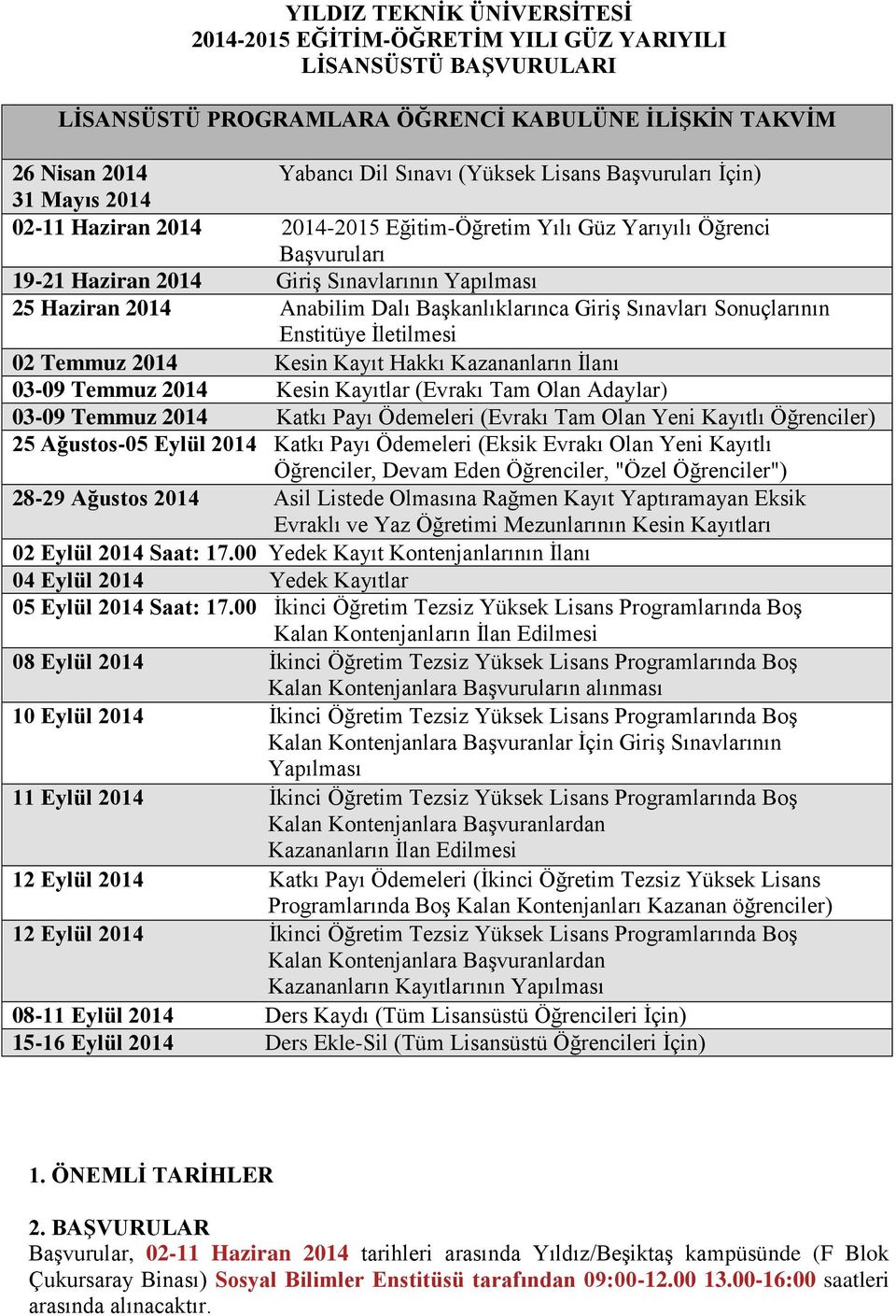 Başkanlıklarınca Giriş Sınavları Sonuçlarının Enstitüye İletilmesi 02 Temmuz 2014 Kesin Kayıt Hakkı Kazananların İlanı 03-09 Temmuz 2014 Kesin Kayıtlar (Evrakı Tam Olan Adaylar) 03-09 Temmuz 2014