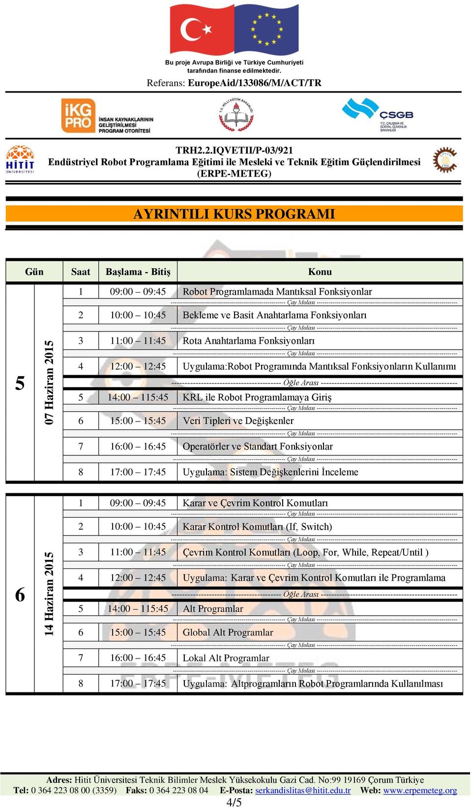 Fonksiyonlar 8 17:00 17:45 Uygulama: Sistem Değişkenlerini İnceleme 6 14 Haziran 2015 1 09:00 09:45 Karar ve Çevrim Kontrol Komutları 2 10:00 10:45 Karar Kontrol Komutları (If, Switch) 3 11:00 11:45