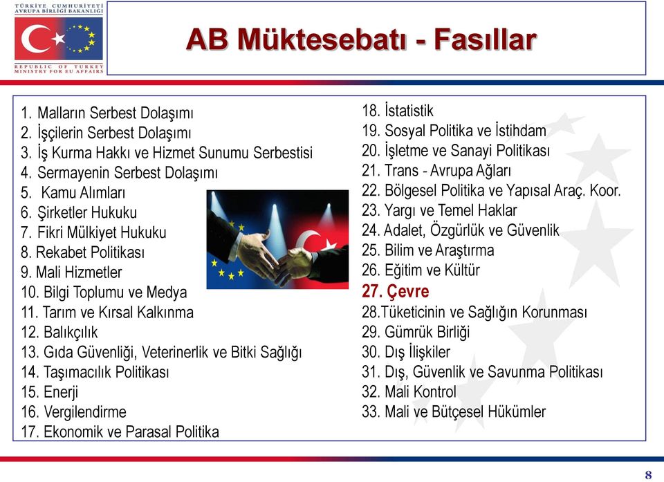 Gıda Güvenliği, Veterinerlik ve Bitki Sağlığı 14. Taşımacılık Politikası 15. Enerji 16. Vergilendirme 17. Ekonomik ve Parasal Politika 18. İstatistik 19. Sosyal Politika ve İstihdam 20.