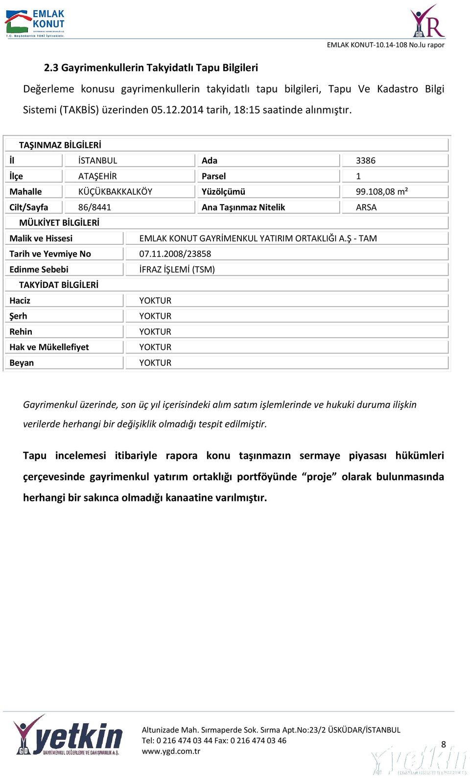 108,08 m² Cilt/Sayfa 86/8441 Ana Taşınmaz Nitelik ARSA MÜLKİYET BİLGİLERİ Malik ve Hissesi EMLAK KONUT GAYRİMENKUL YATIRIM ORTAKLIĞI A.Ş - TAM Tarih ve Yevmiye No 07.11.