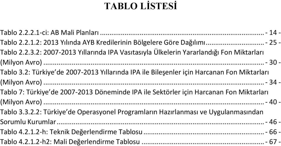 .. - 34 - Tablo 7: Türkiye de 2007-2013 Döneminde IPA ile Sektörler için Harcanan Fon Miktarları (Milyon Avro)... - 40 - Tablo 3.3.2.2: Türkiye de Operasyonel Programların Hazırlanması ve Uygulanmasından Sorumlu Kurumlar.