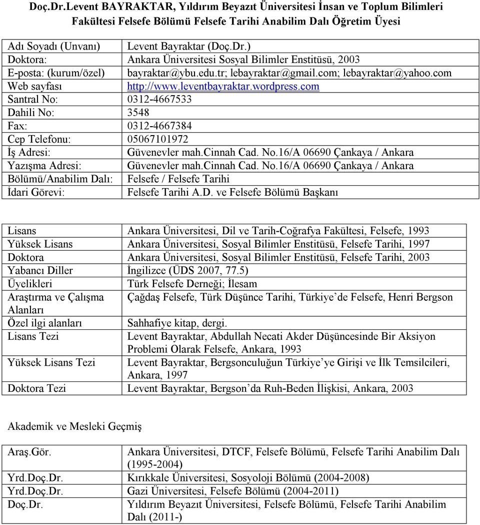 com Santral No: 0312-4667533 Dahili No: 3548 Fax: 0312-4667384 Cep Telefonu: 05067101972 İş Adresi: Güvenevler mah.cinnah Cad. No.16/A 06690 Çankaya / Ankara Yazışma Adresi: Güvenevler mah.cinnah Cad. No.16/A 06690 Çankaya / Ankara Bölümü/Anabilim Dalı: Felsefe / Felsefe Tarihi İdari Görevi: Felsefe Tarihi A.