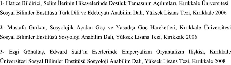 Üniversitesi Sosyal Bilimler Enstitüsü Sosyoloji Anabilim Dalı, Yüksek Lisans Tezi, Kırıkkale 2006 3- Ezgi Gönültaş, Edward Said in