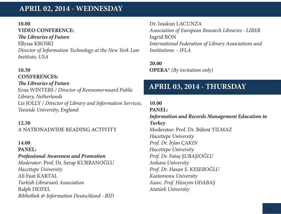 30 A NATIONALWIDE READING ACTIVITY 14.00 PANEL: Professional Awareness and Promotion Moderator: Prof. Dr.
