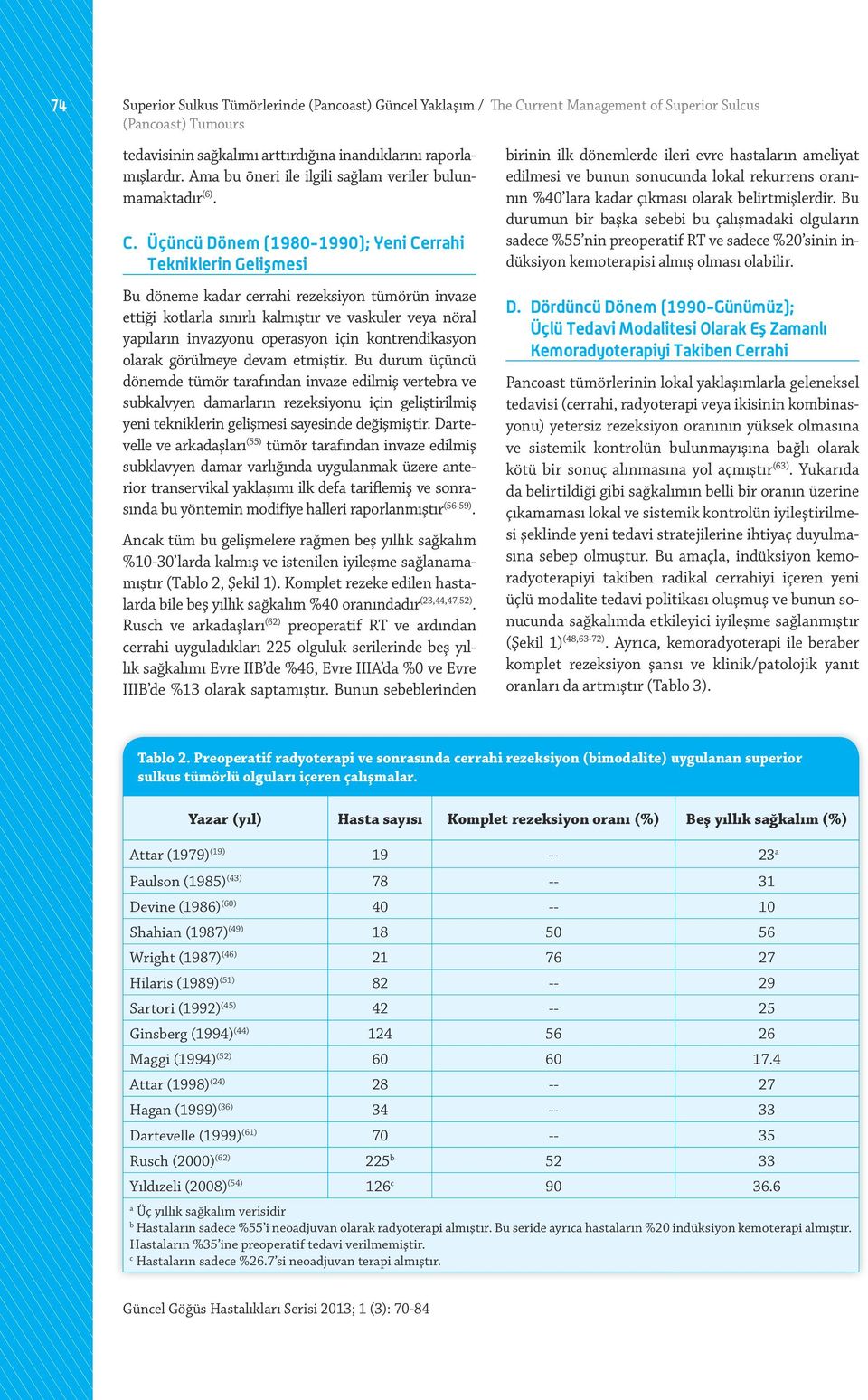 Üçüncü Dönem (1980-1990); Yeni Cerrahi Tekniklerin Gelişmesi Bu döneme kadar cerrahi rezeksiyon tümörün invaze ettiği kotlarla sınırlı kalmıştır ve vaskuler veya nöral yapıların invazyonu operasyon