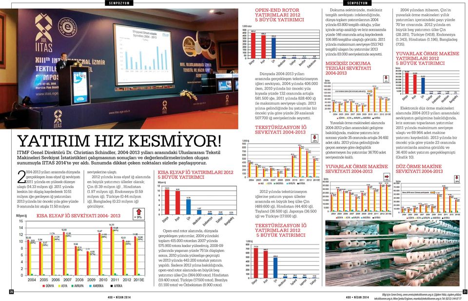 Sunumda dikkat çeken noktaları sizlerle paylaşıyoruz. 2004-2013 yılları arasında dünyada gerçekleşen kısa elyaf iğ sevkiyatı 2011 yılında en yüksek düzeye ulaştı (14.33 milyon iğ).