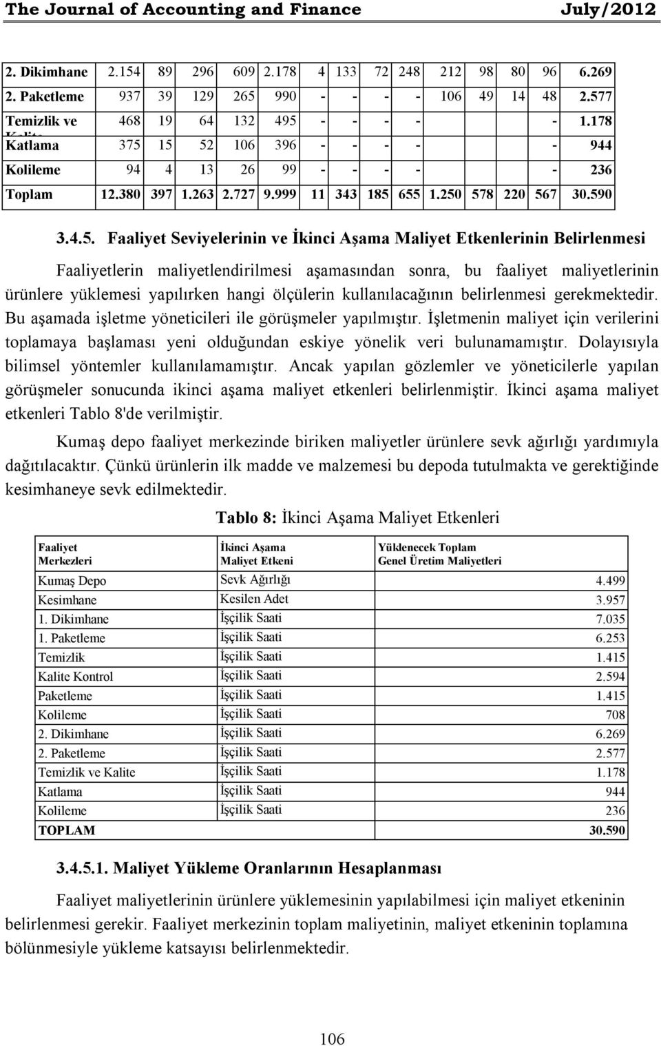 250 578 220 567 30.590 3.4.5. Faaliyet Seviyelerinin ve İkinci Aşama Maliyet Etkenlerinin Belirlenmesi Faaliyetlerin maliyetlendirilmesi aşamasından sonra, bu faaliyet maliyetlerinin ürünlere