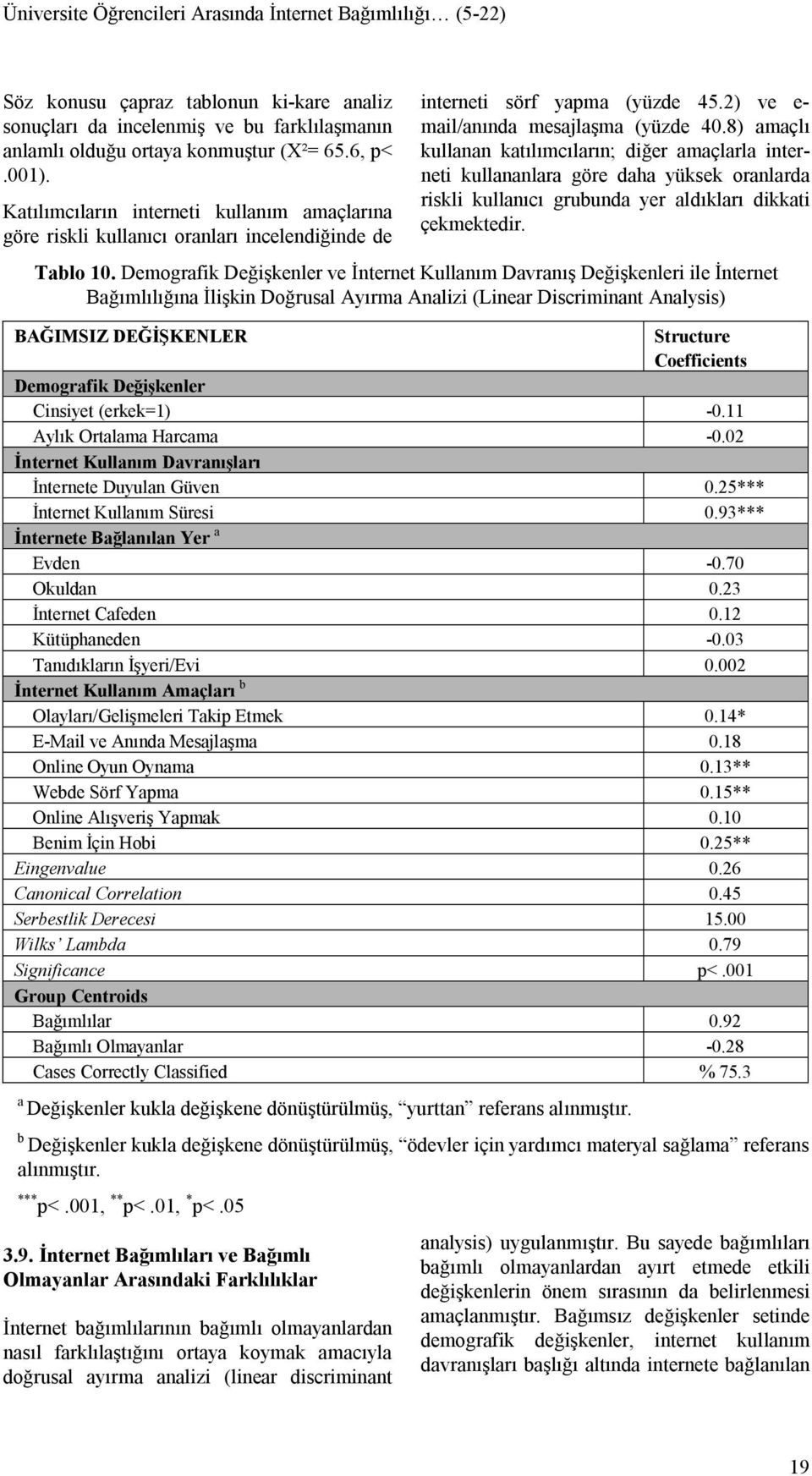 8) amaçlı kullanan katılımcıların; diğer amaçlarla interneti kullananlara göre daha yüksek oranlarda riskli kullanıcı grubunda yer aldıkları dikkati çekmektedir. Tablo 10.