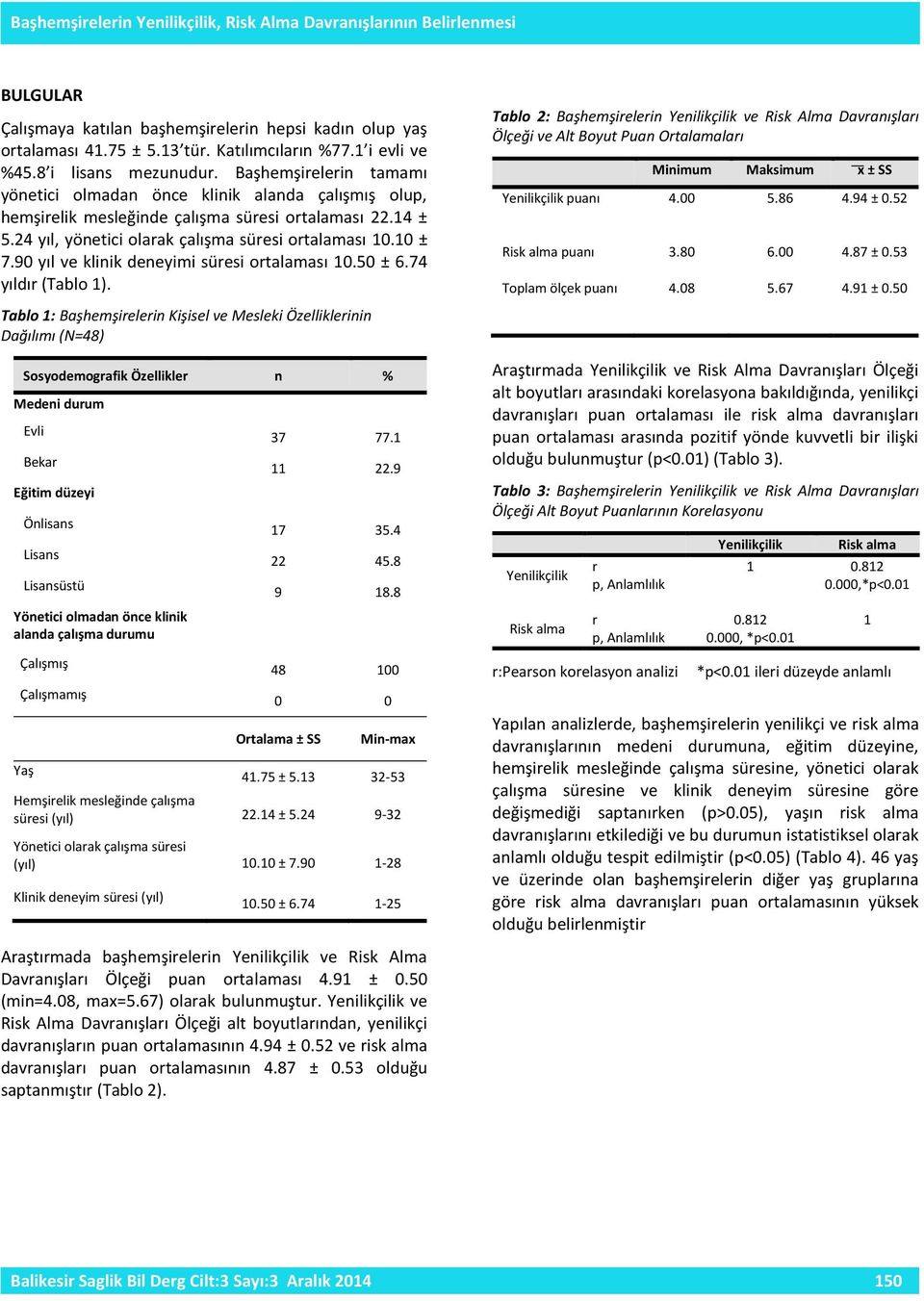 24 yıl, yönetici olarak çalışma süresi ortalaması 10.10 ± 7.90 yıl ve klinik deneyimi süresi ortalaması 10.50 ± 6.74 yıldır (Tablo 1).