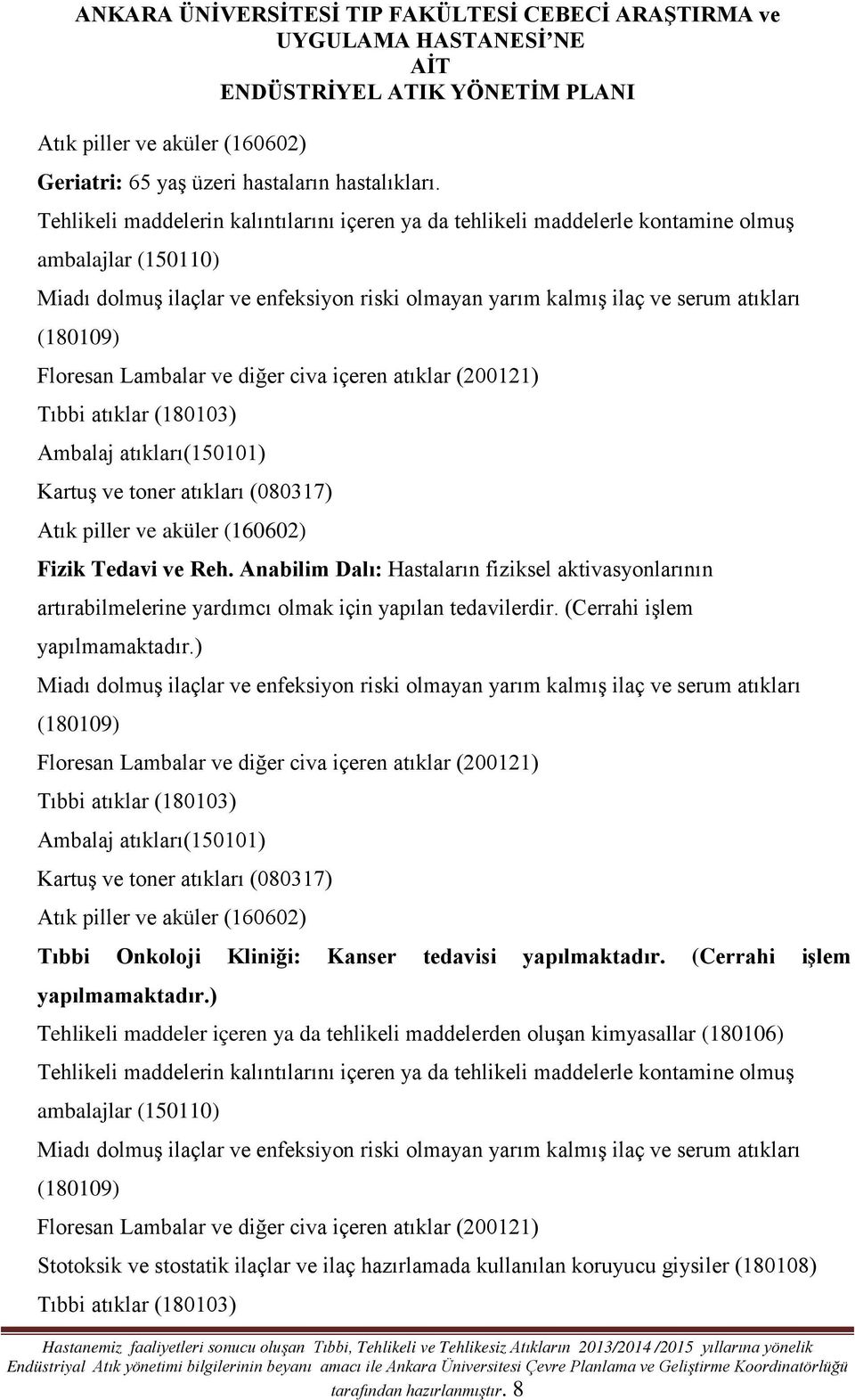 Ambalaj atıkları(150101) Fizik Tedavi ve Reh. Anabilim Dalı: Hastaların fiziksel aktivasyonlarının artırabilmelerine yardımcı olmak için yapılan tedavilerdir. (Cerrahi işlem yapılmamaktadır.