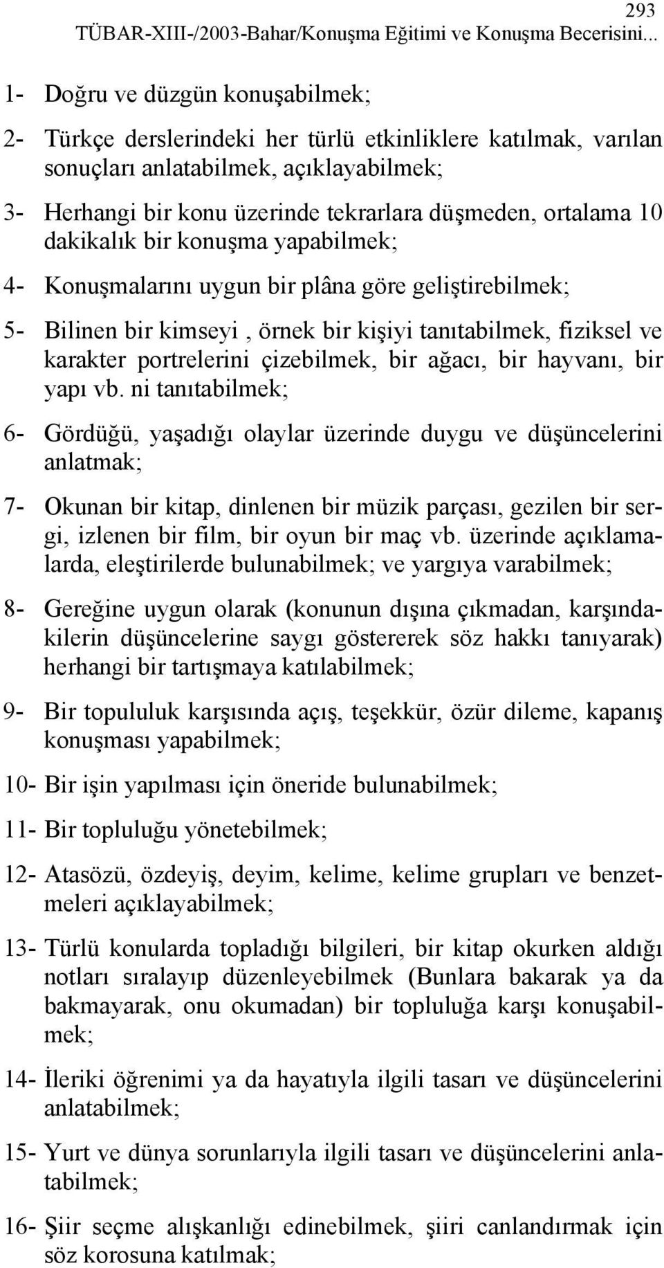 ortalama 10 dakikalık bir konuşma yapabilmek; 4- Konuşmalarını uygun bir plâna göre geliştirebilmek; 5- Bilinen bir kimseyi, örnek bir kişiyi tanıtabilmek, fiziksel ve karakter portrelerini