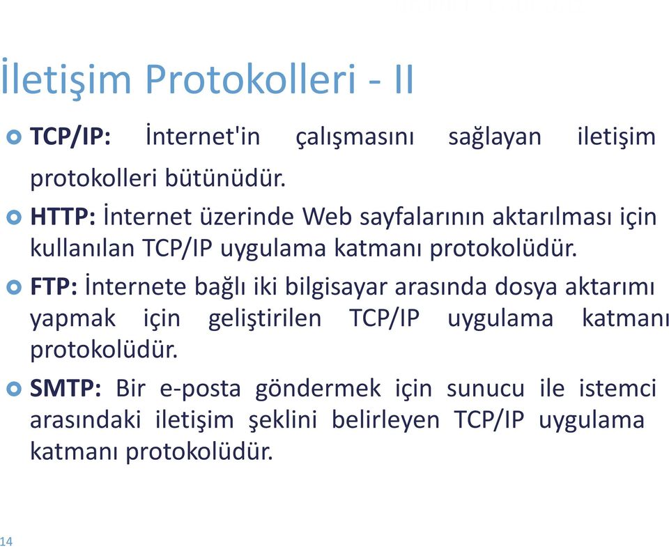 FTP: İnternete bağlı iki bilgisayar arasında dosya aktarımı yapmak için geliştirilen TCP/IP uygulama katmanı
