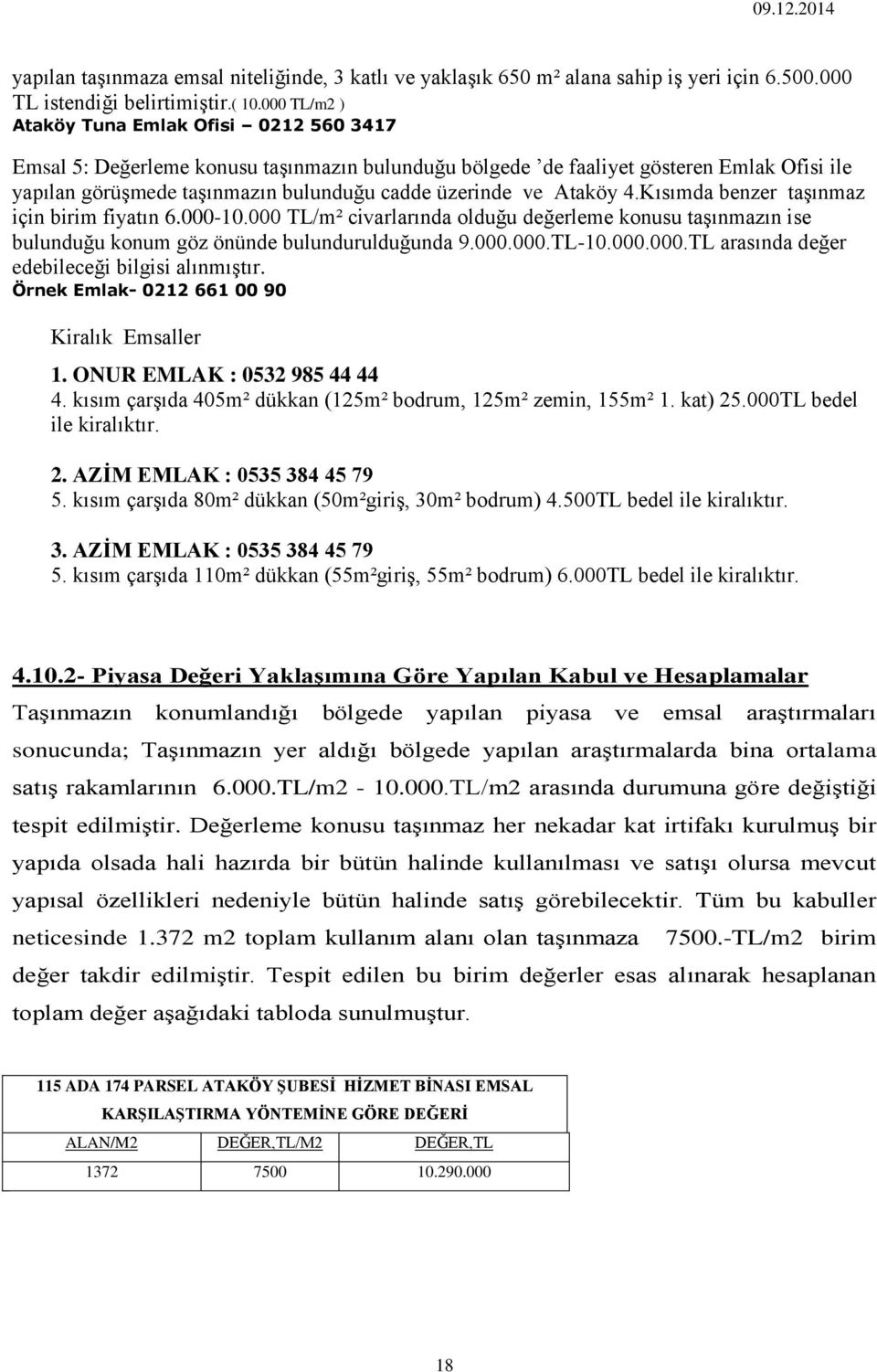 Ataköy 4.Kısımda benzer taşınmaz için birim fiyatın 6.000-10.000 TL/m² civarlarında olduğu değerleme konusu taşınmazın ise bulunduğu konum göz önünde bulundurulduğunda 9.000.000.TL-10.000.000.TL arasında değer edebileceği bilgisi alınmıştır.