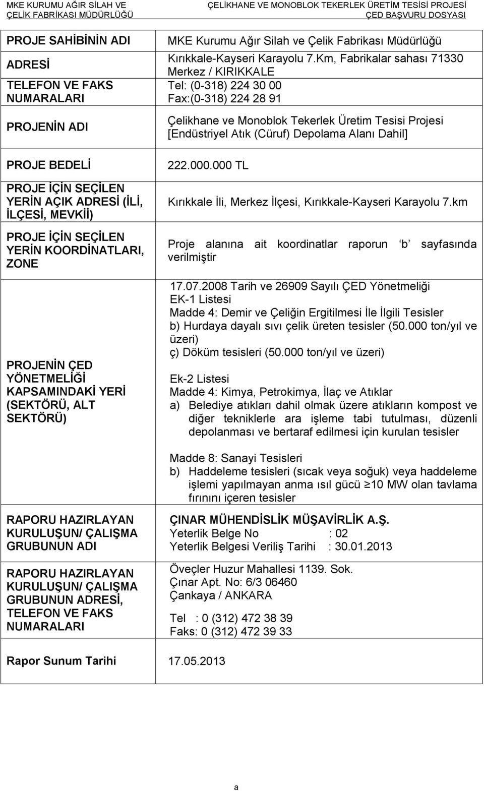 Km, Fabrikalar sahası 71330 Merkez / KIRIKKALE Tel: (0-318) 224 30 00 Fax:(0-318) 224 28 91 Çelikhane ve Monoblok Tekerlek Üretim Tesisi Projesi [Endüstriyel Atık (Cüruf) Depolama Alanı Dahil] 222.