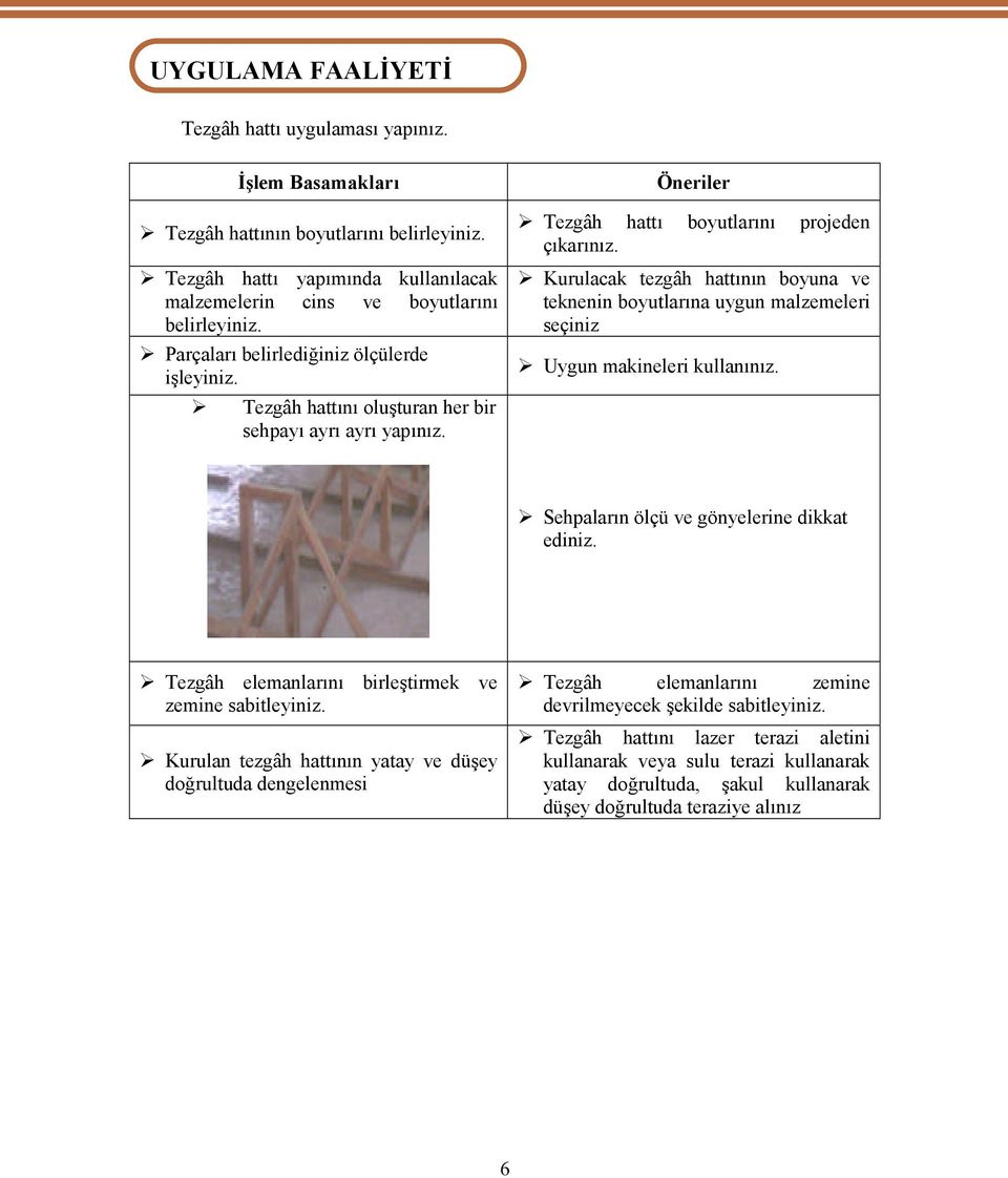 seçiniz Parçaları belirlediğiniz ölçülerde Uygun makineleri kullanınız. işleyiniz. Tezgâh hattını oluşturan her bir sehpayı ayrı ayrı yapınız. Sehpaların ölçü ve gönyelerine dikkat ediniz.