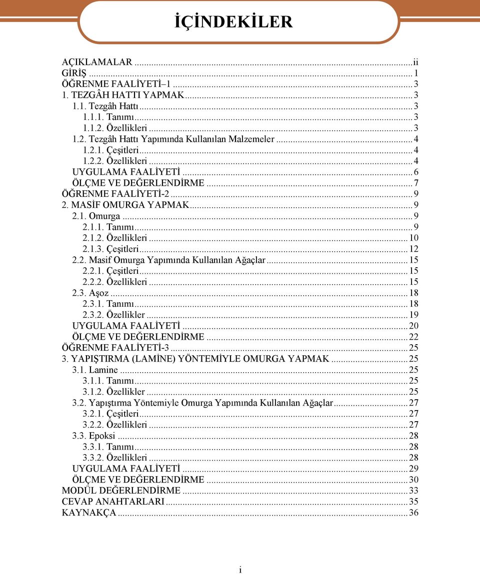 1.3. Çeşitleri...12 2.2. Masif Omurga Yapımında Kullanılan Ağaçlar...15 2.2.1. Çeşitleri...15 2.2.2. Özellikleri...15 2.3. Aşoz...18 2.3.1. Tanımı...18 2.3.2. Özellikler...19 UYGULAMA FAALİYETİ.