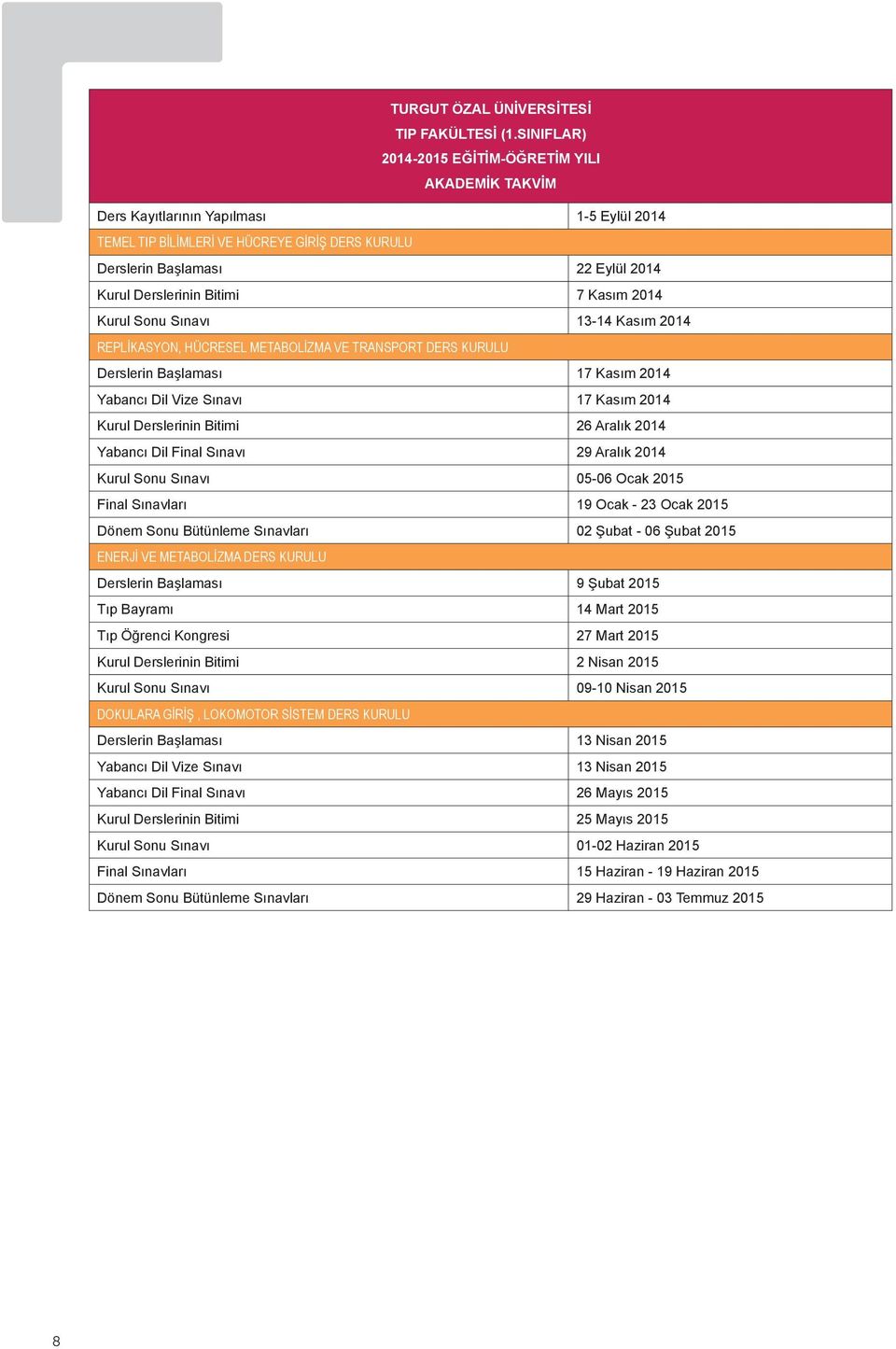 Bitimi 7 Kasım 2014 Kurul Sonu Sınavı 13-14 Kasım 2014 REPLİKASYON, HÜCRESEL METABOLİZMA VE TRANSPORT DERS KURULU Derslerin Başlaması 17 Kasım 2014 Yabancı Dil Vize Sınavı 17 Kasım 2014 Kurul
