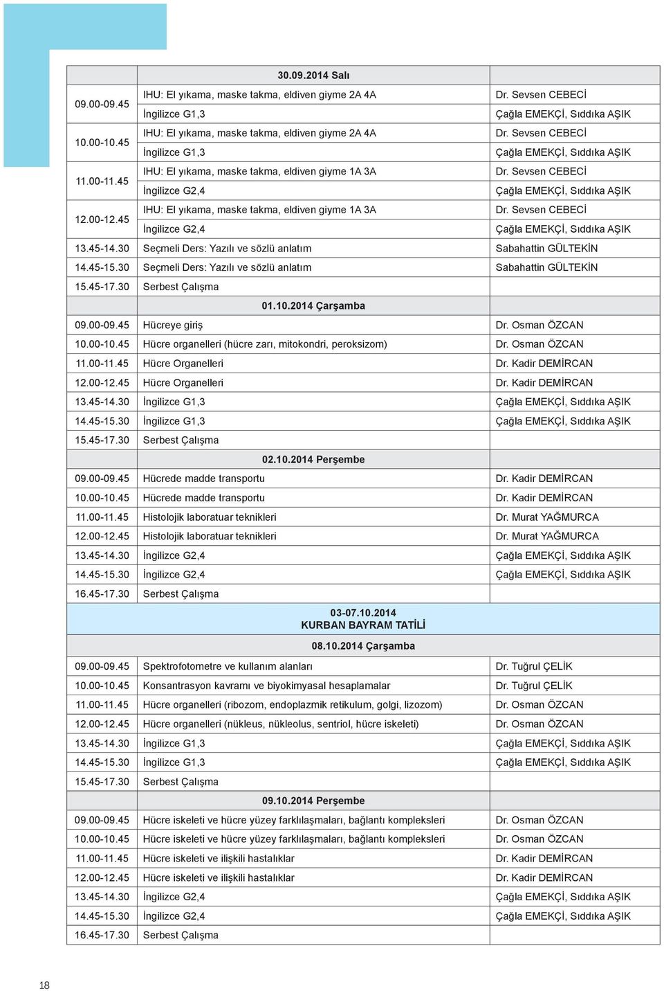 45-14.30 Seçmeli Ders: Yazılı ve sözlü anlatım Sabahattin GÜLTEKİN 14.45-15.30 Seçmeli Ders: Yazılı ve sözlü anlatım Sabahattin GÜLTEKİN 01.10.2014 Çarşamba 09.00-09.45 Hücreye giriş Dr.