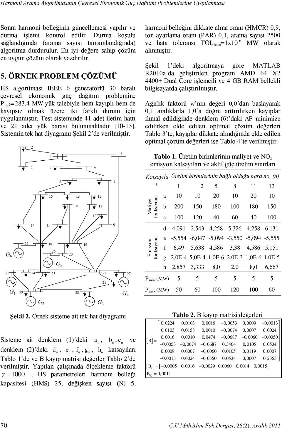 ÖRNEK PROBLEM ÇÖZÜMÜ HS algoritması IEEE 6 geeratörlü 30 baralı çevresel ekoomik güç dağıtım problemie P yük =283,4 MW yük talebiyle hem kayıplı hem de kayıpsız olmak üzere iki farklı durum içi