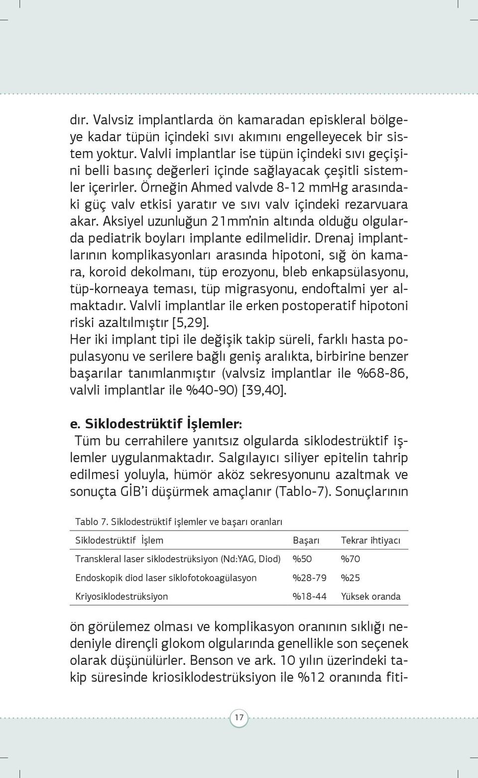 Örneğin Ahmed valvde 8-12 mmhg arasındaki güç valv etkisi yaratır ve sıvı valv içindeki rezarvuara akar. Aksiyel uzunluğun 21mm nin altında olduğu olgularda pediatrik boyları implante edilmelidir.