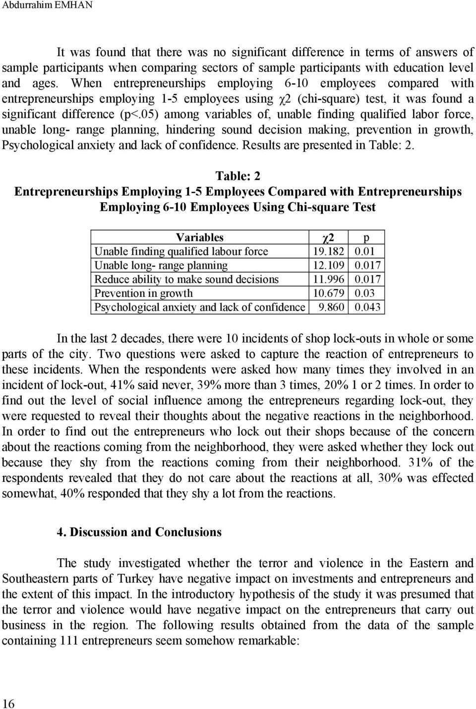 05) among variables of, unable finding qualified labor force, unable long- range planning, hindering sound decision making, prevention in growth, Psychological anxiety and lack of confidence.