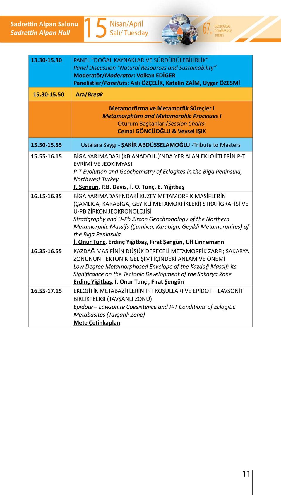 15.30-15.50 Ara/Break Metamorfizma ve Metamorfik Süreçler I Metamorphism and Metamorphic Processes I Cemal GÖNCÜOĞLU & Veysel IŞIK 15.50-15.