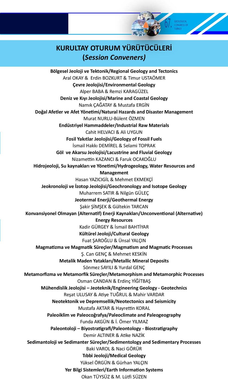 Disaster Management Murat NURLU-Bülent ÖZMEN Endüstriyel Hammaddeler/Industrial Raw Materials Cahit HELVACI & Ali UYGUN Fosil Yakıtlar Jeolojisi/Geology of Fossil Fuels İsmail Hakkı DEMİREL & Selami