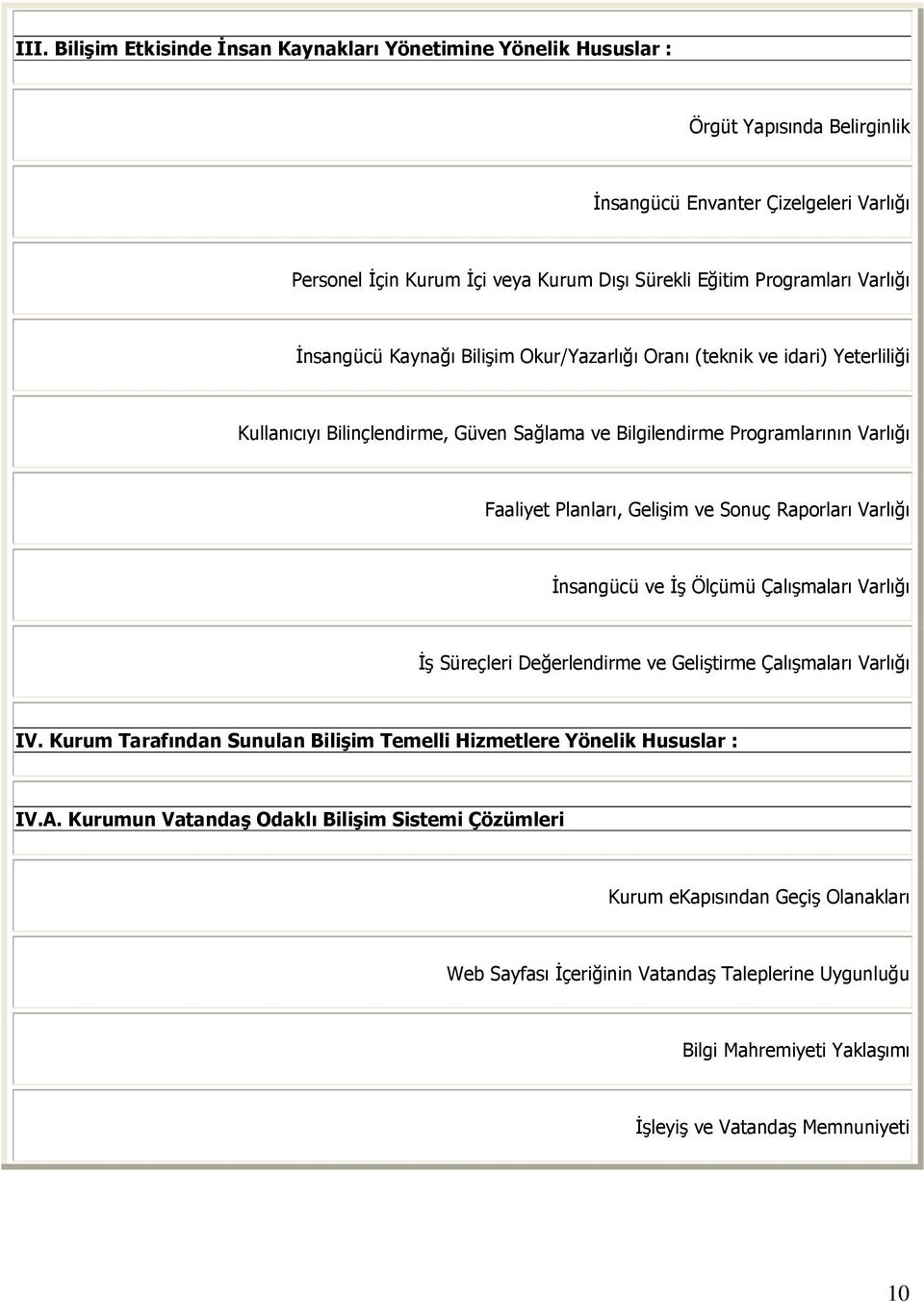 Gelişim ve Sonuç Raporları Varlığı Đnsangücü ve Đş Ölçümü Çalışmaları Varlığı Đş Süreçleri Değerlendirme ve Geliştirme Çalışmaları Varlığı IV.