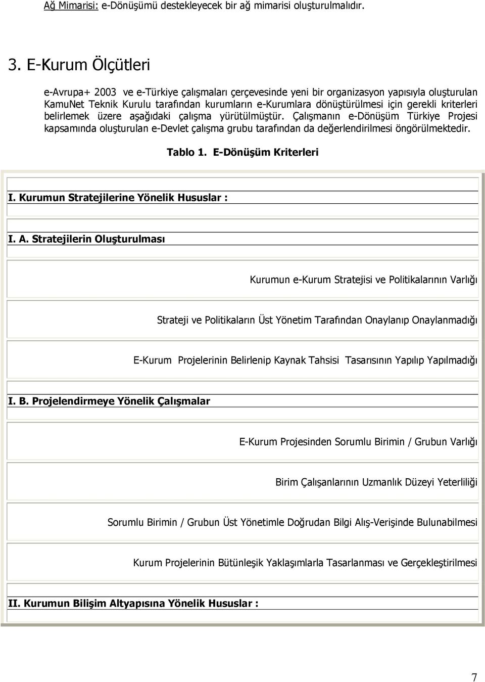 kriterleri belirlemek üzere aşağıdaki çalışma yürütülmüştür. Çalışmanın e-dönüşüm Türkiye Projesi kapsamında oluşturulan e-devlet çalışma grubu tarafından da değerlendirilmesi öngörülmektedir.