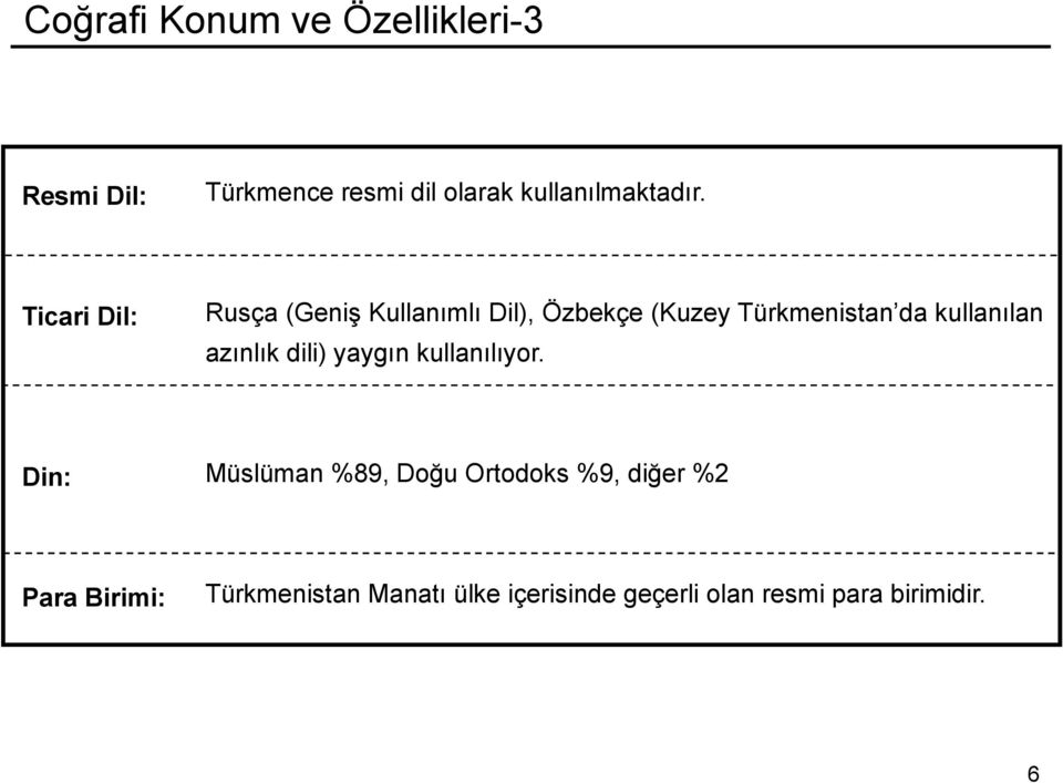 Ticari Dil: Rusça (Geniş Kullanımlı Dil), Özbekçe (Kuzey Türkmenistan da kullanılan