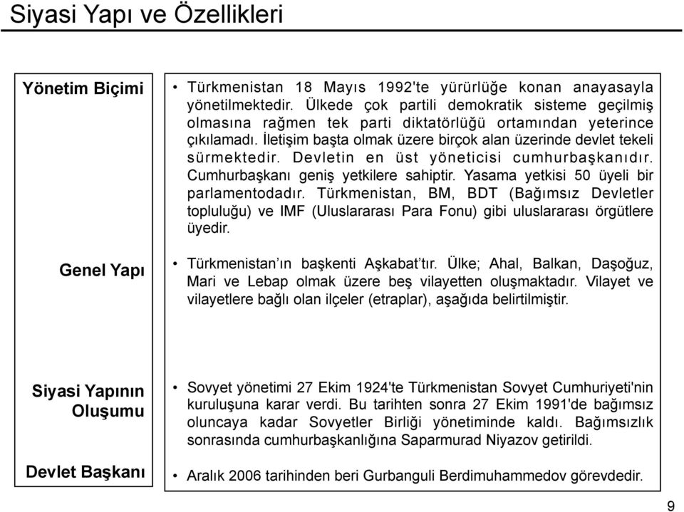 Devletin en üst yöneticisi cumhurbaşkanıdır. Cumhurbaşkanı geniş yetkilere sahiptir. Yasama yetkisi 50 üyeli bir parlamentodadır.