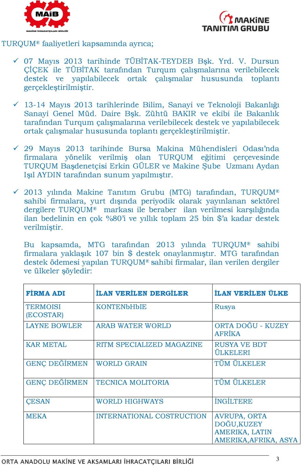 13-14 Mayıs 2013 tarihlerinde Bilim, Sanayi ve Teknoloji Bakanlığı Sanayi Genel Müd. Daire Bşk.