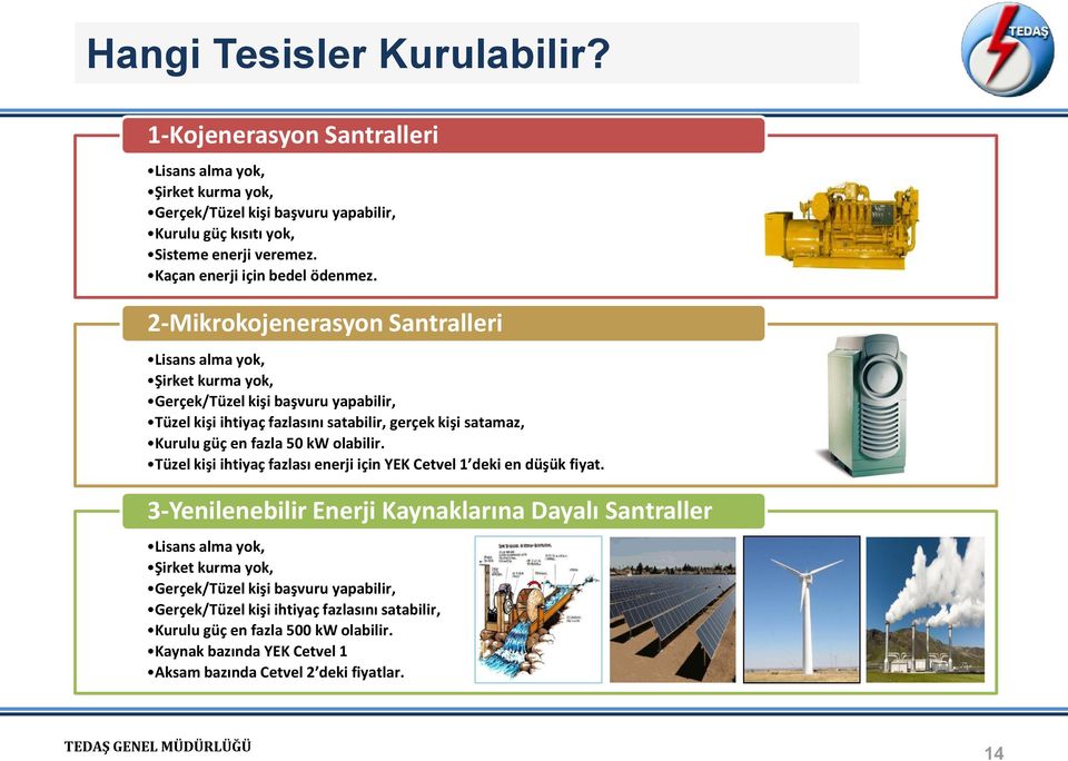 2-Mikrokojenerasyon Santralleri Lisans alma yok, Şirket kurma yok, Gerçek/Tüzel kişi başvuru yapabilir, Tüzel kişi ihtiyaç fazlasını satabilir, gerçek kişi satamaz, Kurulu güç en fazla 50