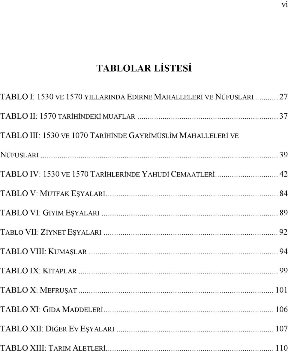 .. 42 TABLO V: MUTFAK EŞYALARI... 84 TABLO VI: GİYİM EŞYALARI... 89 TABLO VII: ZİYNET EŞYALARI... 92 TABLO VIII: KUMAŞLAR.